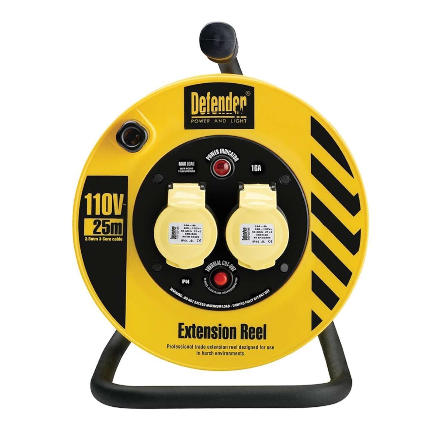 110V Site Cable Reel Extension Lead 25m 2 Sockets