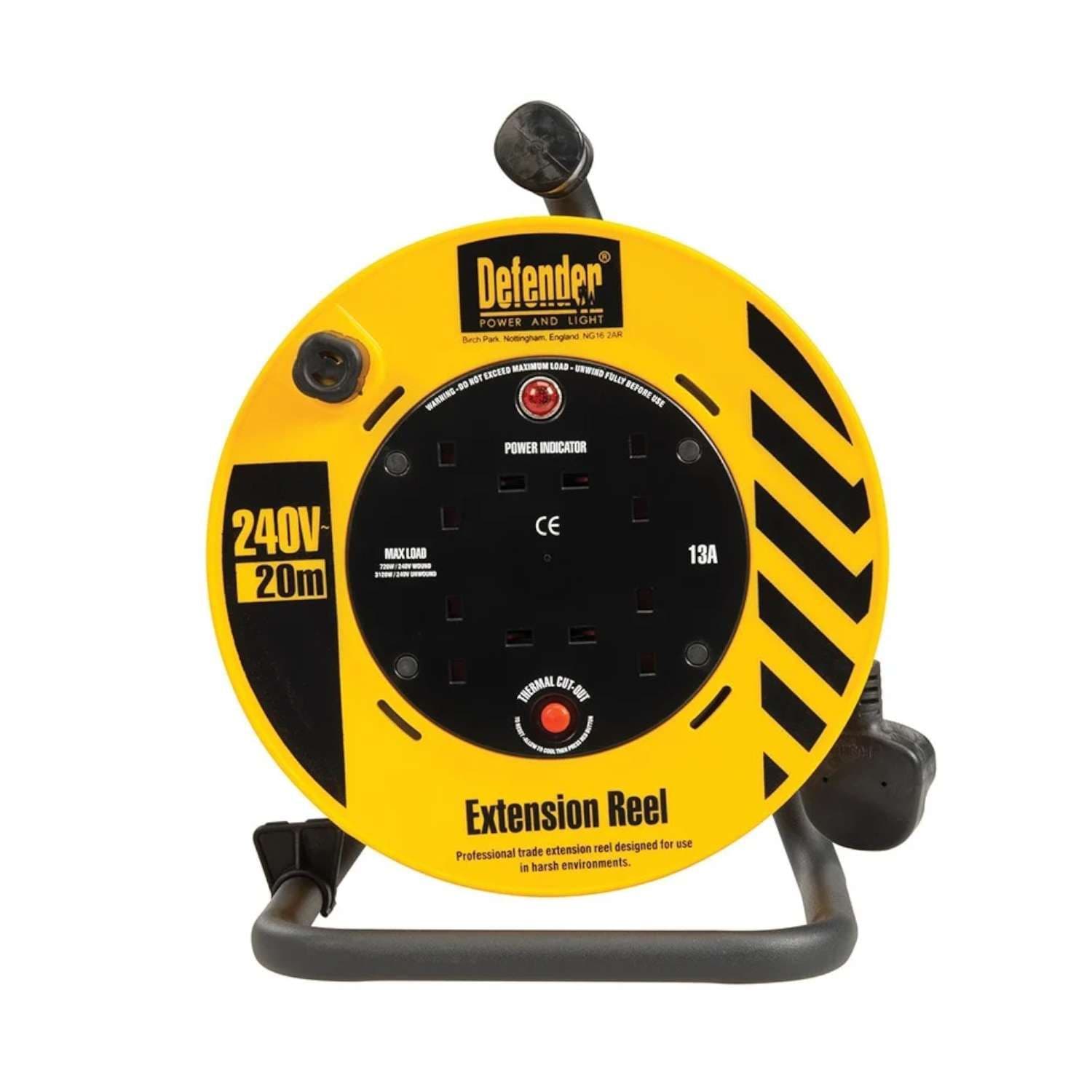 240V Cable Reel Extension Lead 20m 4 Sockets